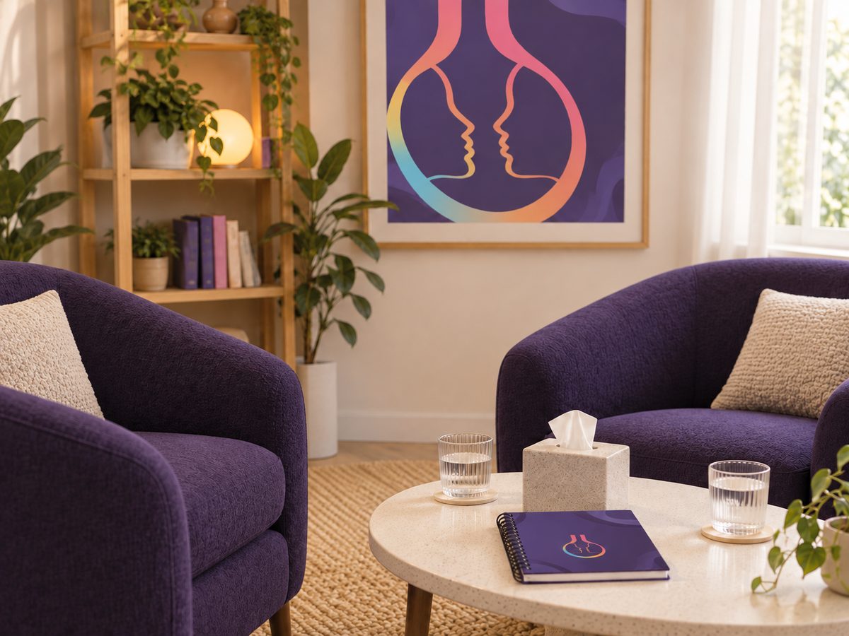 Sala de consulta con dos sillones, una mesa baja y el isotipo de ReLab enmarcado en la pared